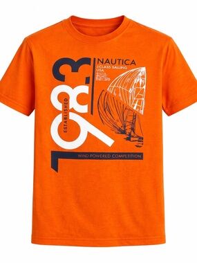 Nautica Boys Orange Graphic Tee Medium 10-12 Sailing Logo Shirt Summer